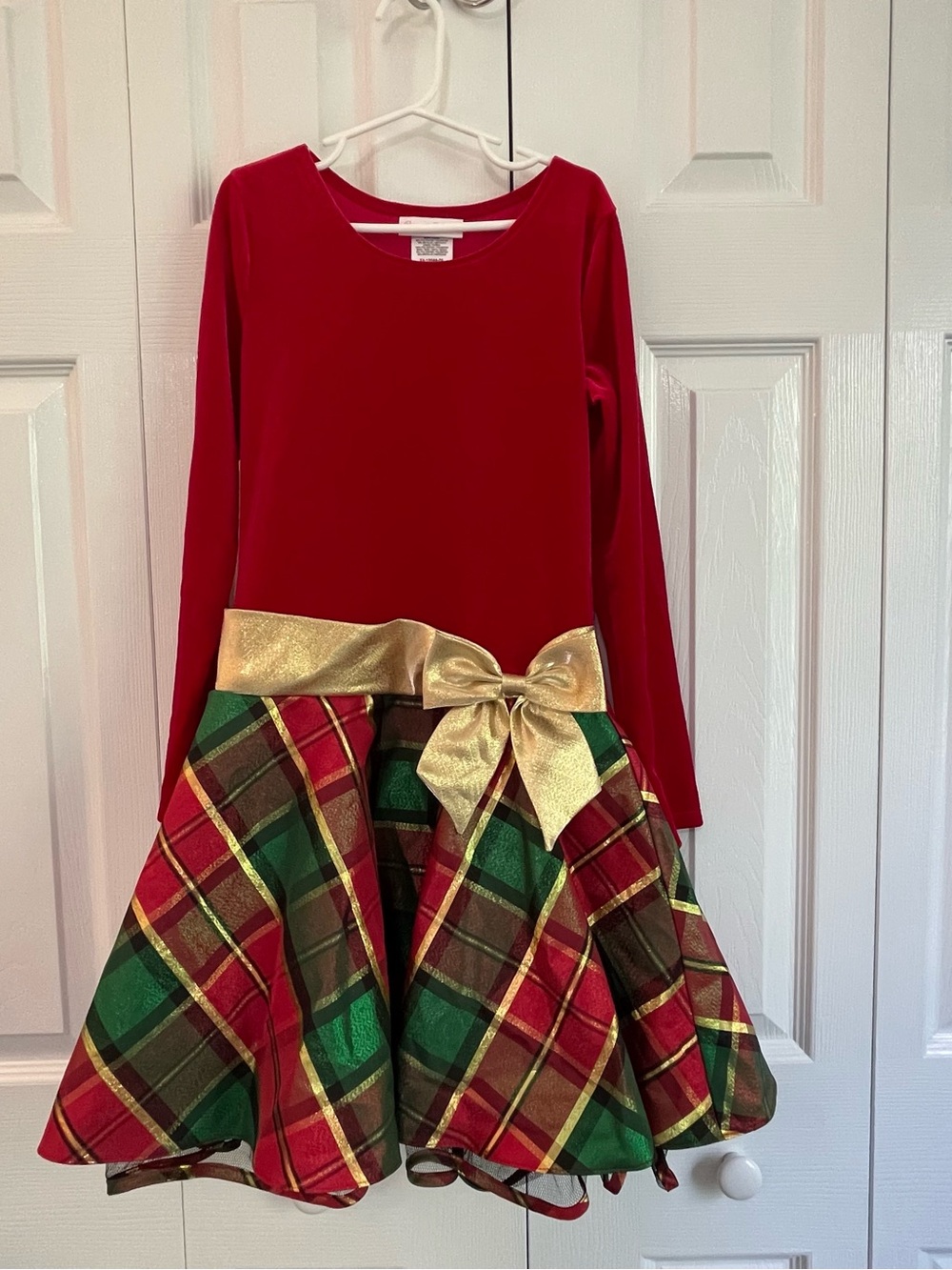 Bonnie Jean Holiday Christmas Red Dress with Gold Bow and Plaid Skirt Size 10